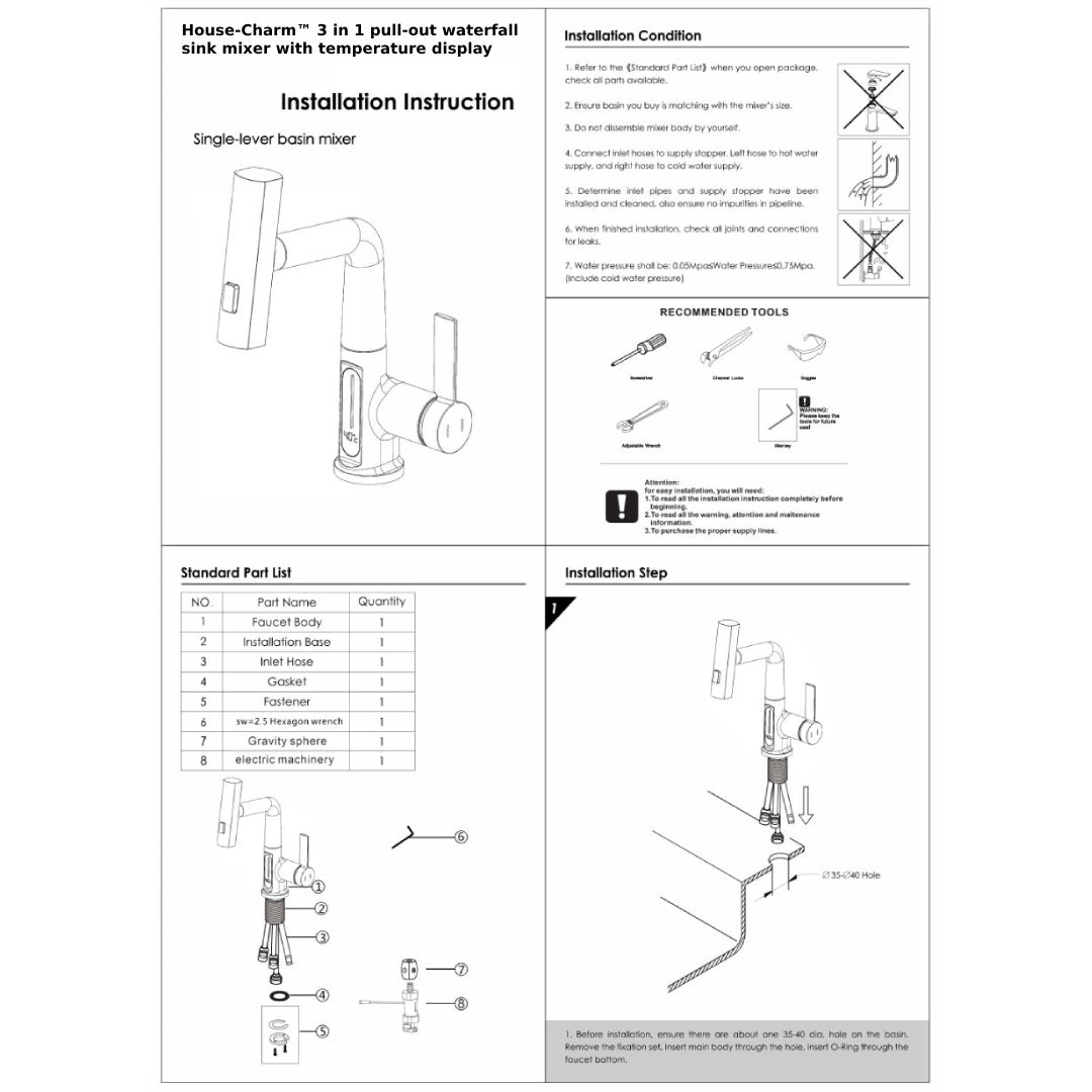 House-Charm™ 3-in-1 Wasserfall-Waschtischarmatur &amp; ausziehbarer Wasserhahn &amp; Temperaturanzeige